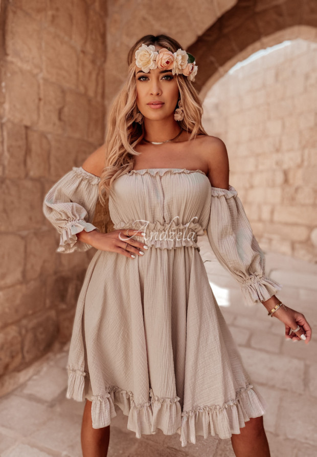 Muślinowa sukienka hiszpanka z falbankami Malta beżowa