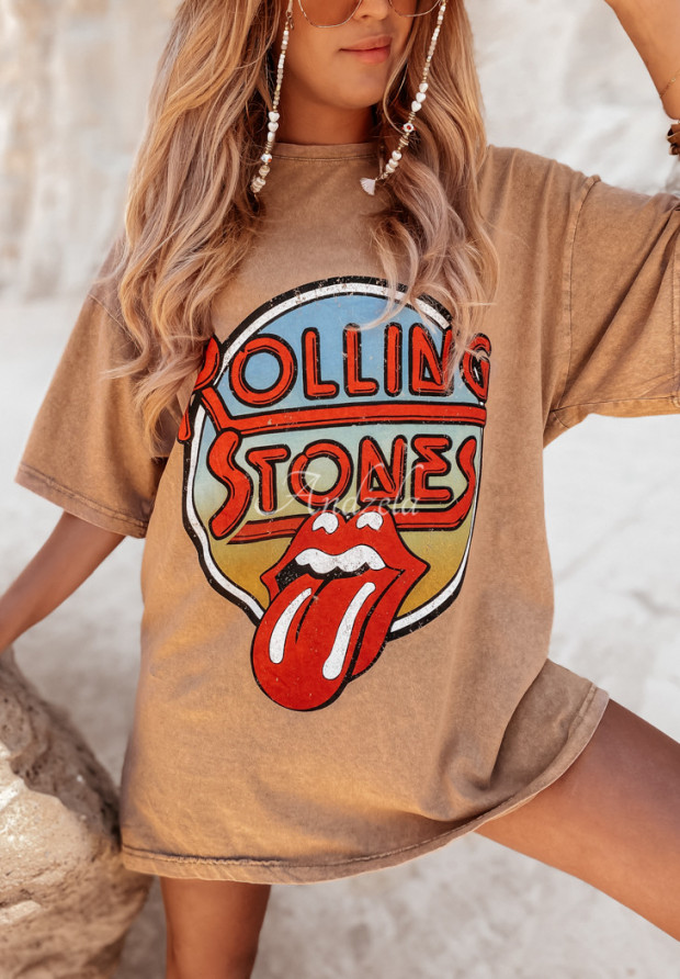 T-shirt z nadrukiem Rolling Stones camelowy