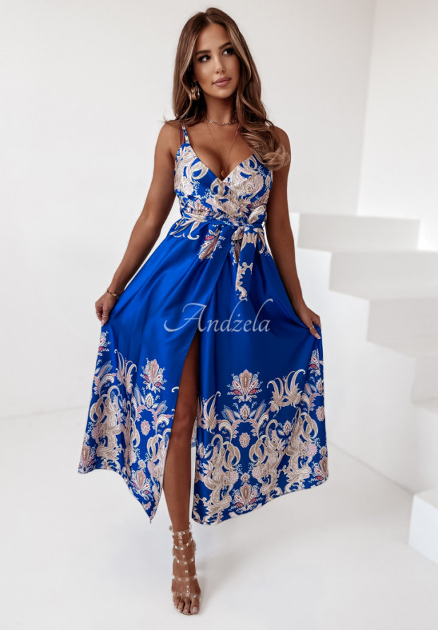 Satynowa sukienka we wzory Charlotte kobaltowa