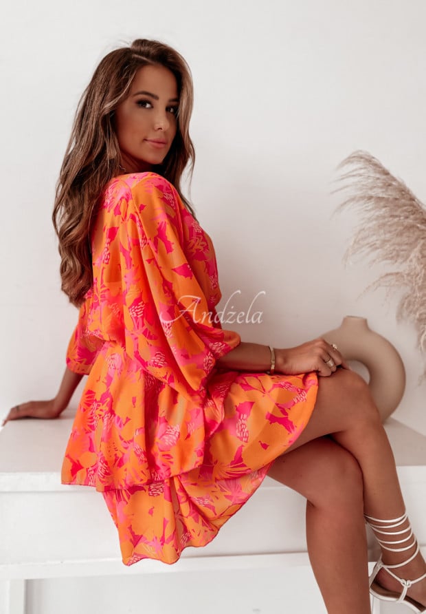 Kwiecista sukienka Harriet różowo-pomarańczowa