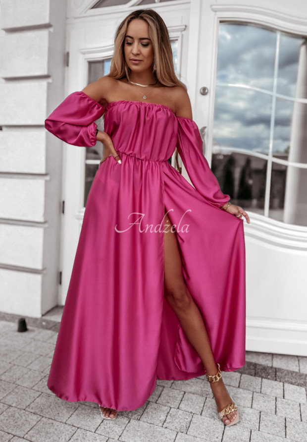 Satynowa sukienka hiszpanka z rozcięciem La Serena różowa