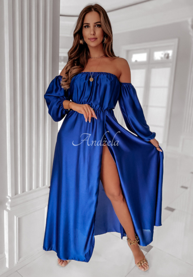 Satynowa sukienka hiszpanka z rozcięciem La Serena kobaltowa