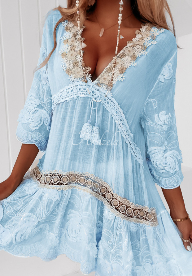 Sukienka tunika z koronką boho Millario błękitna