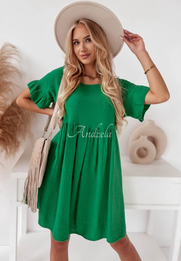 Muslin dress with frills Laguna green