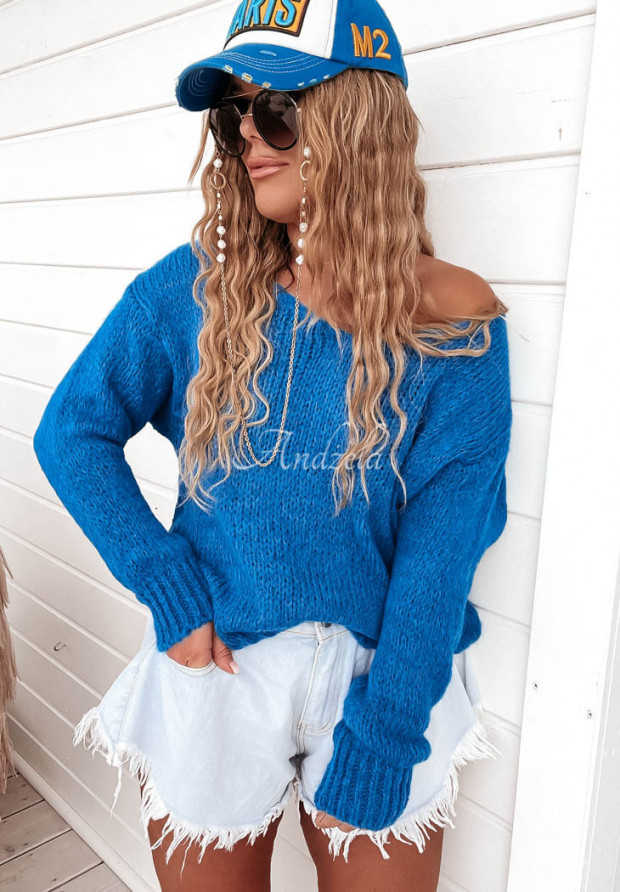 Krótki sweter z dekoltem Stratford kobaltowy