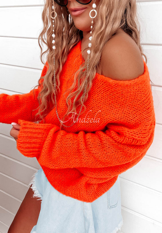 Krótki sweter z dekoltem Stratford neonowy pomarańczowy