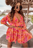 Wzorzysta sukienka z falbanką Ankona Mia pomarańczowo-różowa