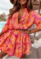 Wzorzysta sukienka z falbanką Ankona Mia pomarańczowo-różowa