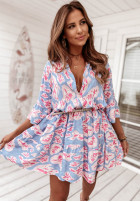 Wzorzysta sukienka z falbanką Ankona Lia jasnoniebieska