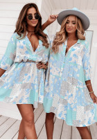 Wzorzysta sukienka z falbanką Ankona Flora niebieska