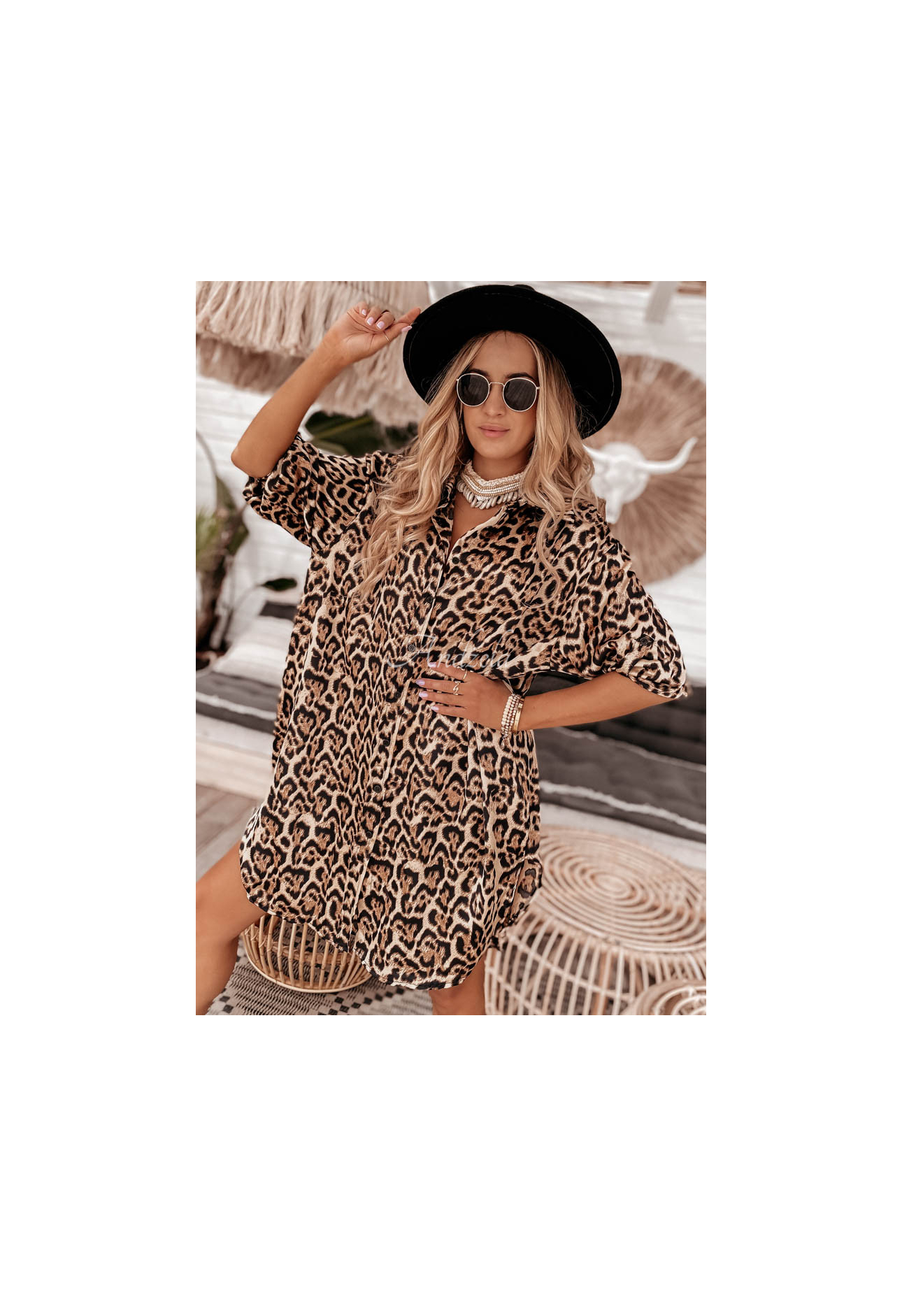 Namibia shirt dress in camel camel leopard print