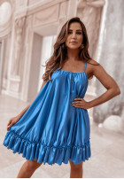 Satynowa sukienka na ramiączkach z falbanką Venezia kobaltowa