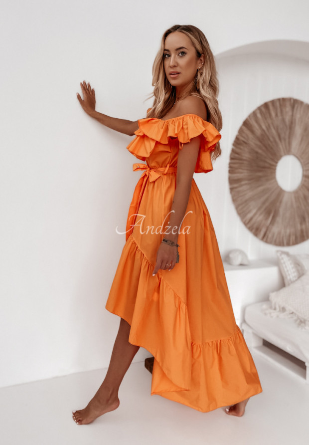 Asymetryczna sukienka hiszpanka z falbankami Roxanne pomarańczowa