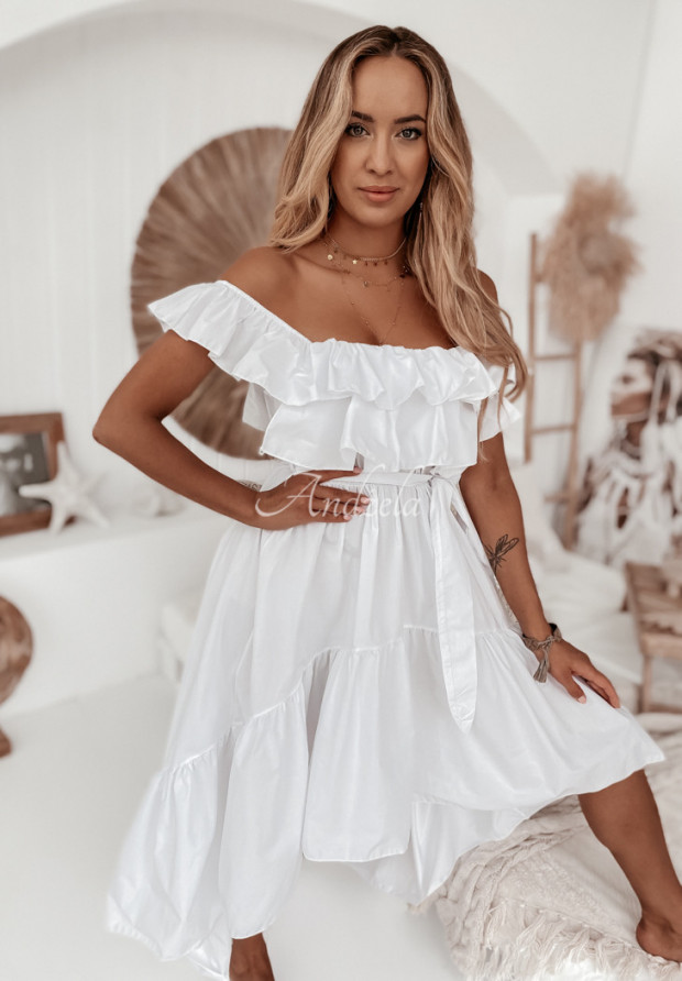 Asymetryczna sukienka hiszpanka z falbankami Roxanne biała