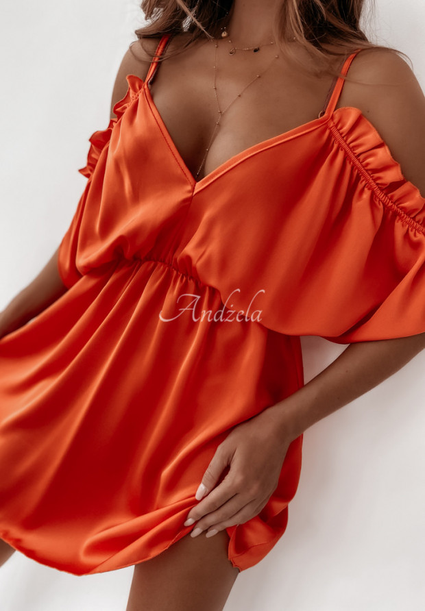 Satynowa sukienka z falbankami Laurell pomarańczowa