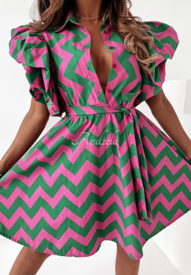 Wzorzysta sukienka z bufkami Marielle zielono-różowa