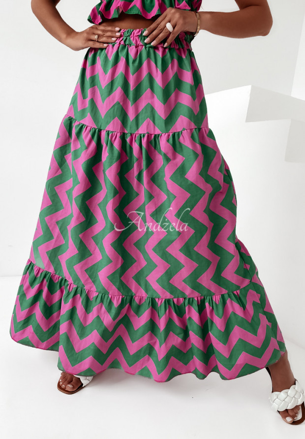 Wzorzysta spódnica z falbankami Marielle zielono-różowa