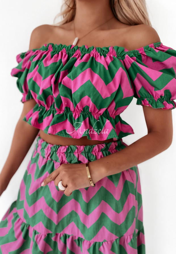 Krótka wzorzysta bluzka z bufkami Marielle zielono-różowa