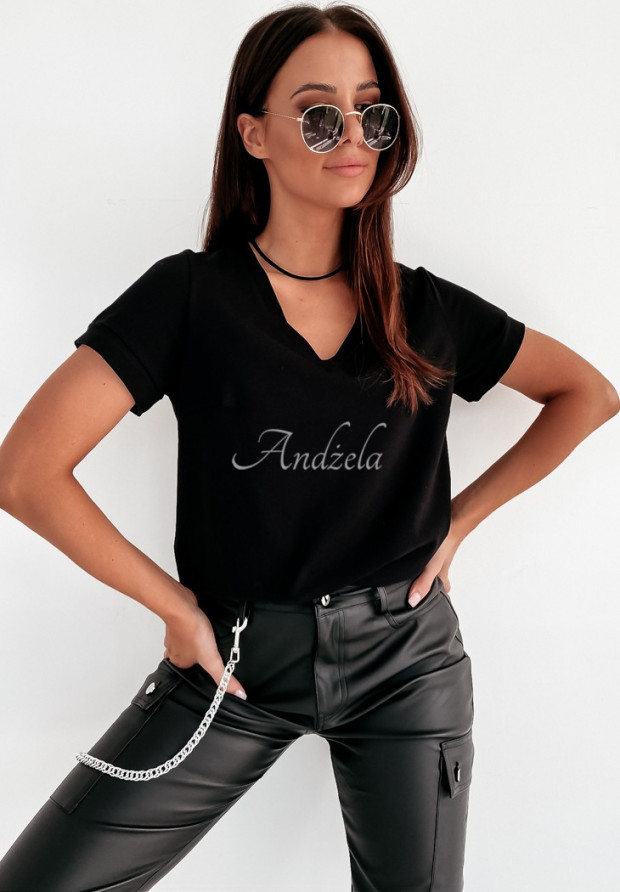 Bawełniany T-shirt z dekoltem w serek Lauren czarny