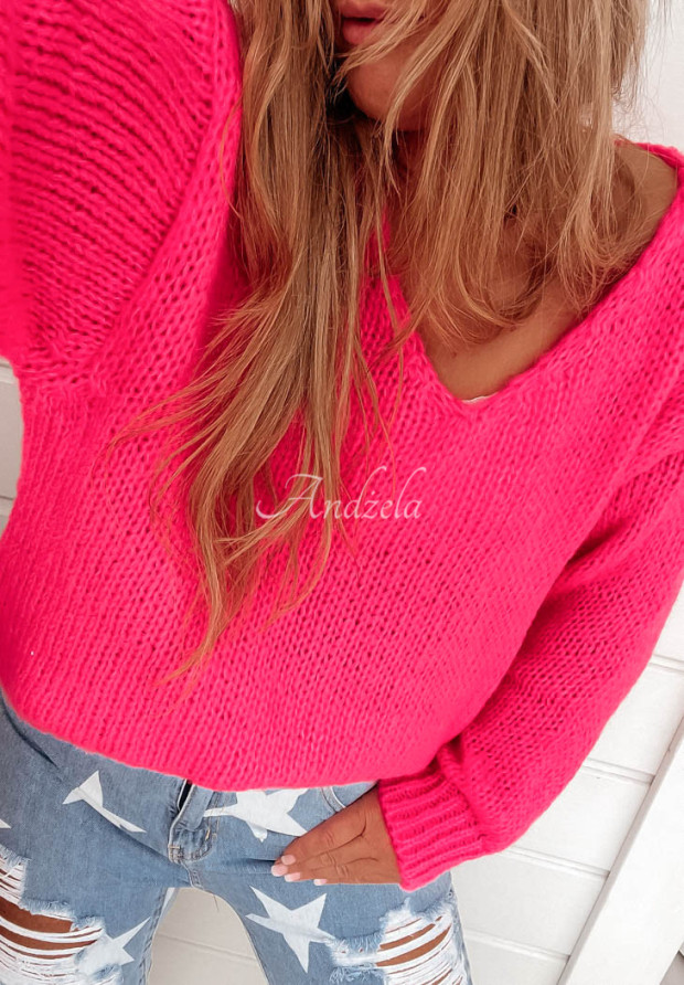 Krótki sweter z dekoltem Stratford neonowy różowy