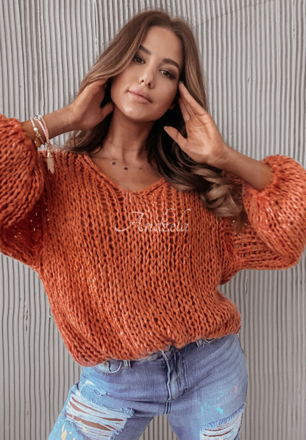 Sweter z ozdobnym splotem Dalvik pomarańczowy
