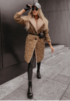 Długa pikowana kurtka z kożuszkiem Scandinavia camelowa