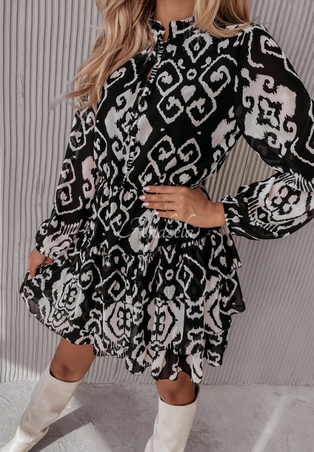 Wzorzysta sukienka mini z falbankami Carmelitta czarno-biała