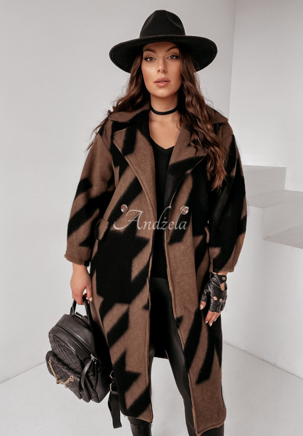 Długi wełniany płaszcz oversize w pepitkę Verlon camelowy