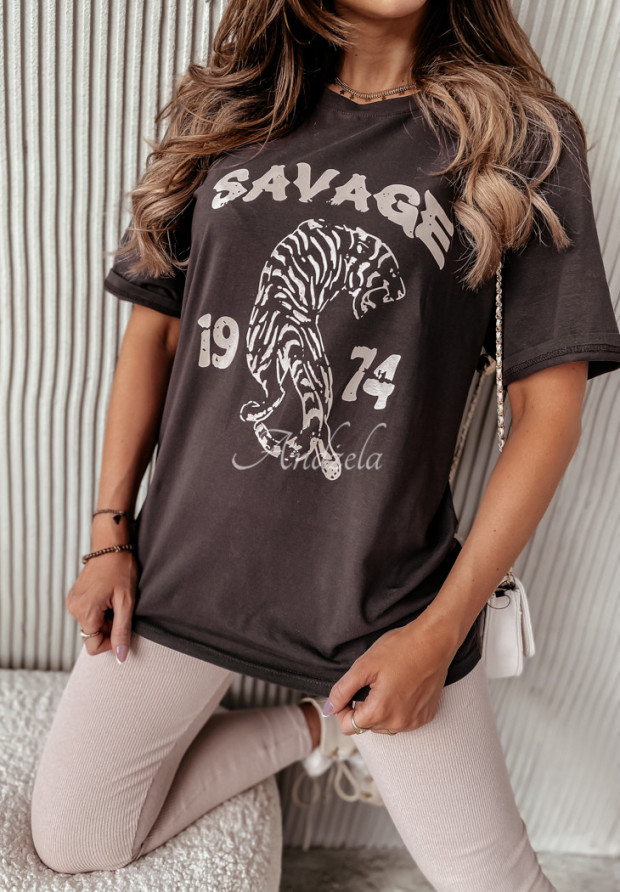 T-shirt z nadrukiem Savage czekoladowy