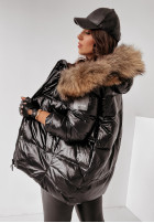 Pikowana kurtka z naturalnym futrem Major czarna