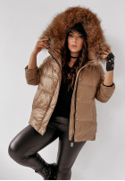 Pikowana kurtka z naturalnym futrem Major camelowa