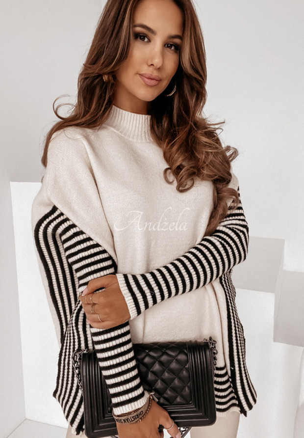 Sweter oversize w paski z rozcięciami Marilda beżowy
