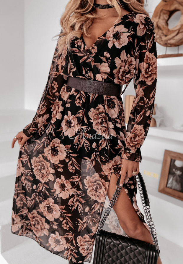 Kwiecista sukienka z kopertowym dekoltem Velleda czarna