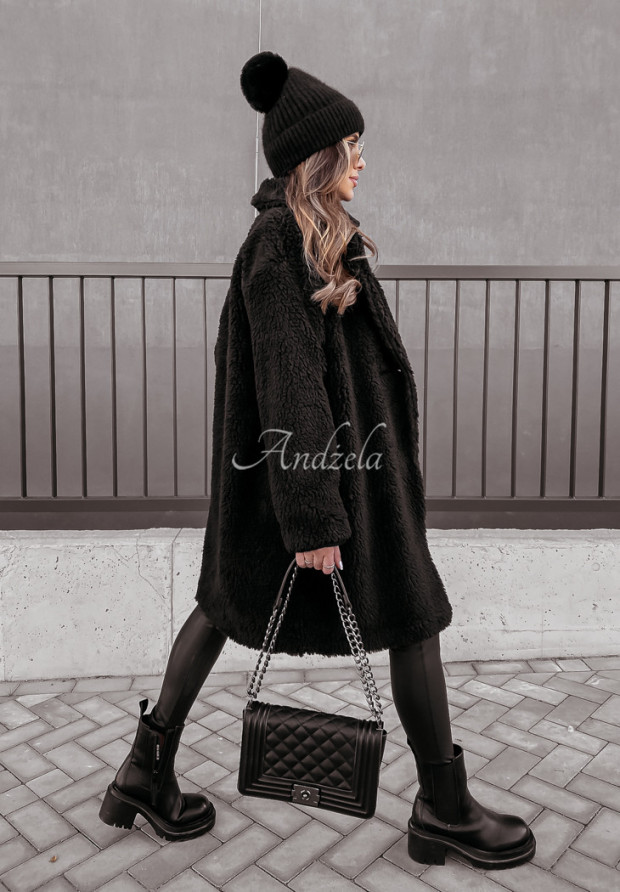 Długi płaszcz z imitacji kożucha Helsinki czarny