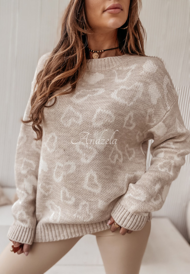 Krótki sweter oversize w serduszka Mi Amor beżowy