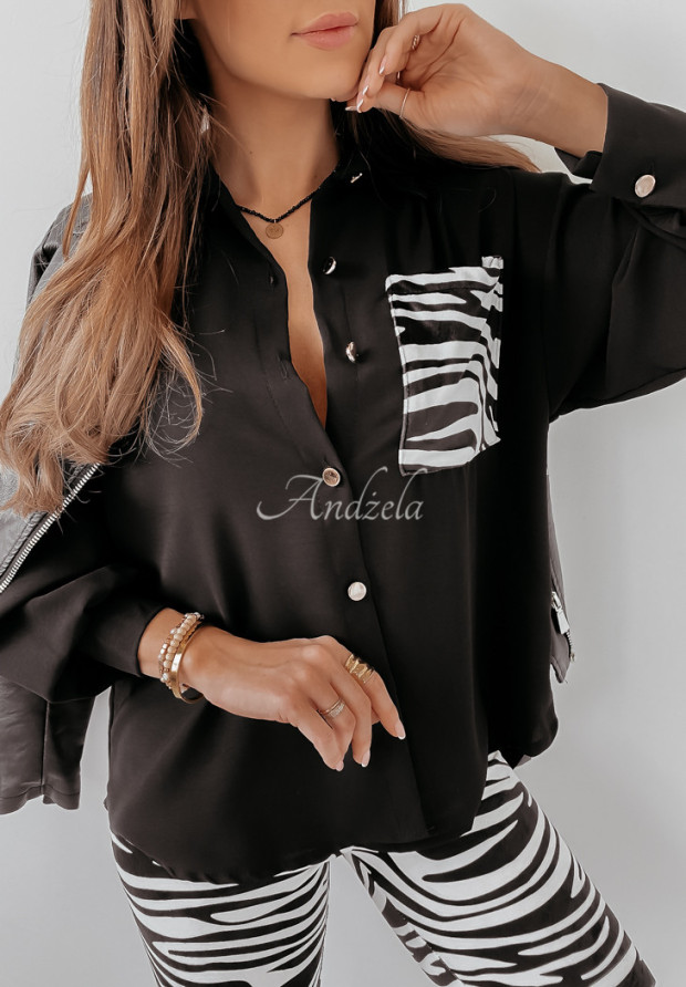 Asymetryczna koszula oversize z kieszenią w zebrę Shantala czarna