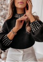Krótki sweter z półgolfem i perełkami Delice czarny