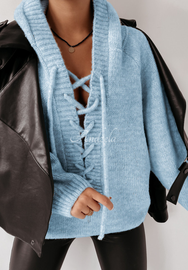 Sweter oversize ze sznurowaniem i kapturem Laossi błękitny