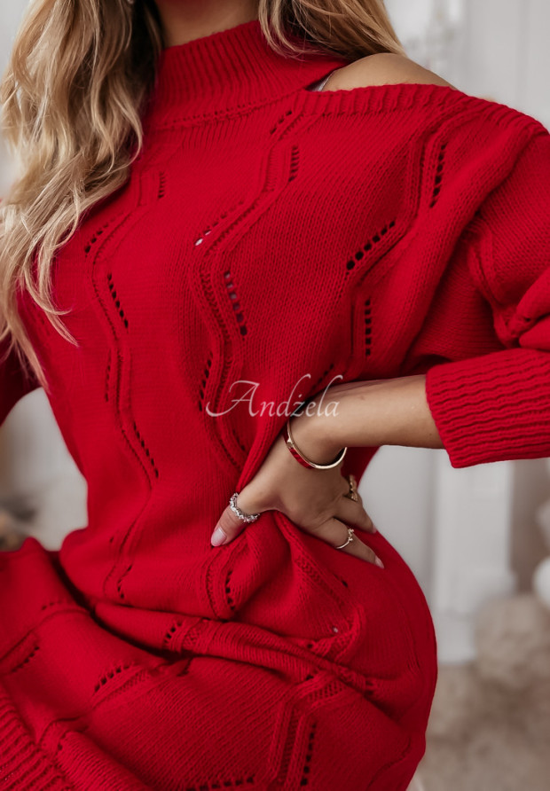 Sukienka sweter z wycięciami na ramionach Tendre czerwona
