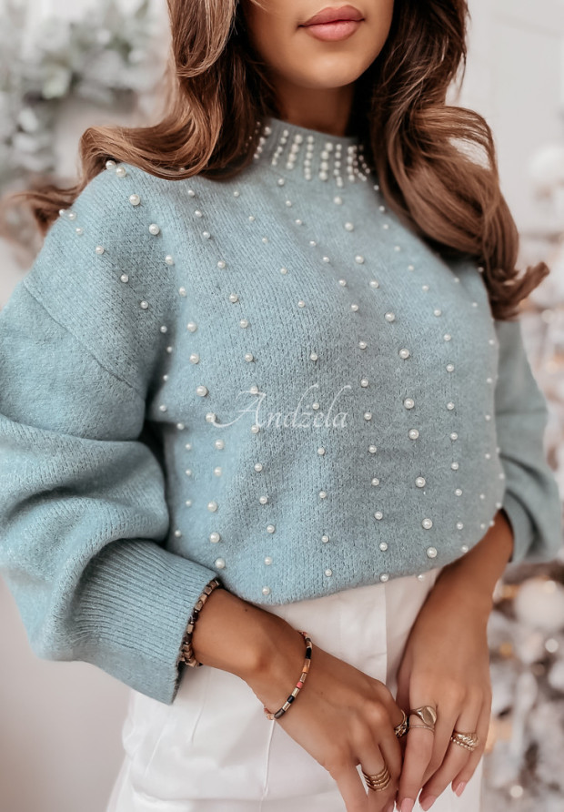 Krótki sweter z perełkami Miller niebieski