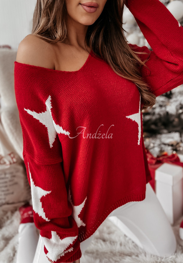 Sweter oversize w gwiazdki Lucky Star czerwony