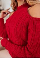 Ozdobnie pleciony sweter z odkrytymi ramionami Aurori czerwony