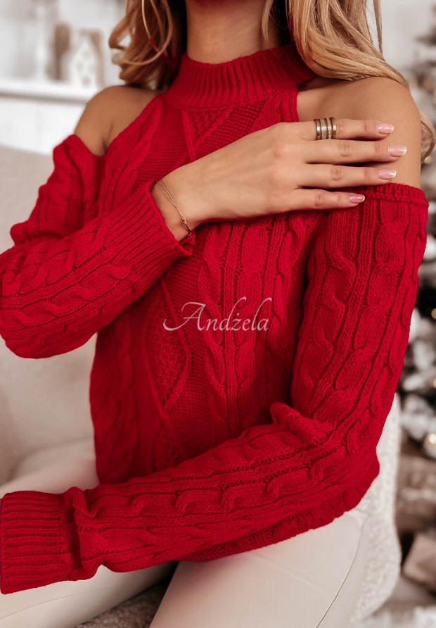Ozdobnie pleciony sweter z odkrytymi ramionami Aurori czerwony