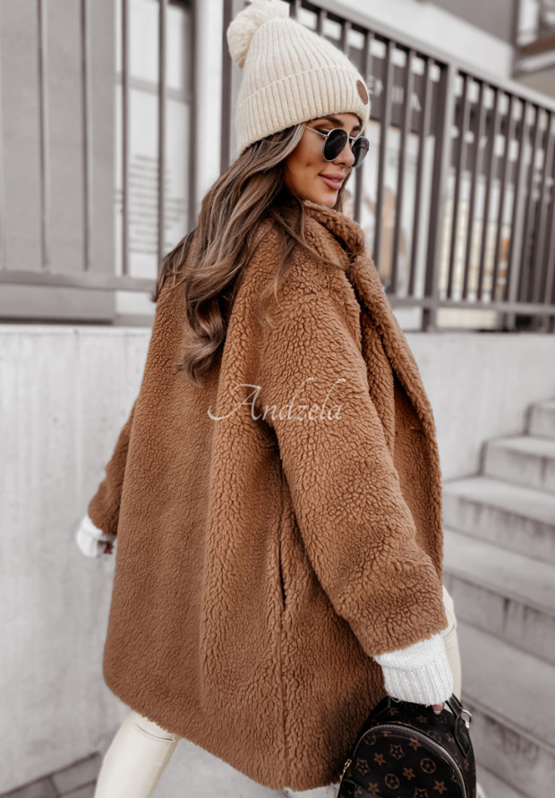 Długi płaszcz z imitacji kożucha Helsinki camelowy