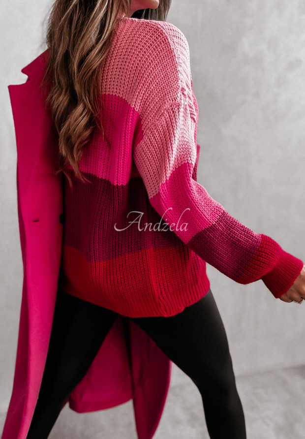 Sweter oversize w paski z półgolfem Avellino różowy