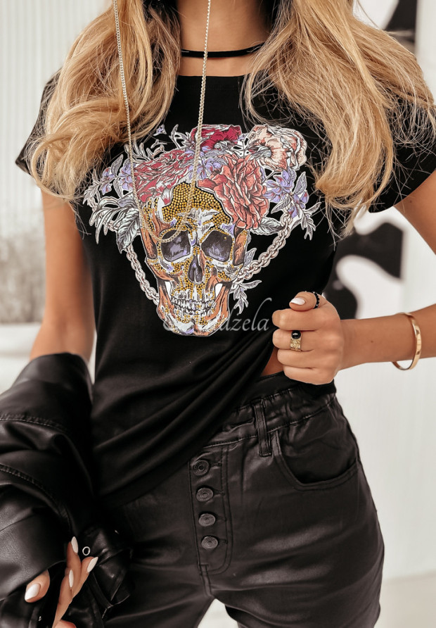T-shirt z nadrukiem Flower Skull czarny