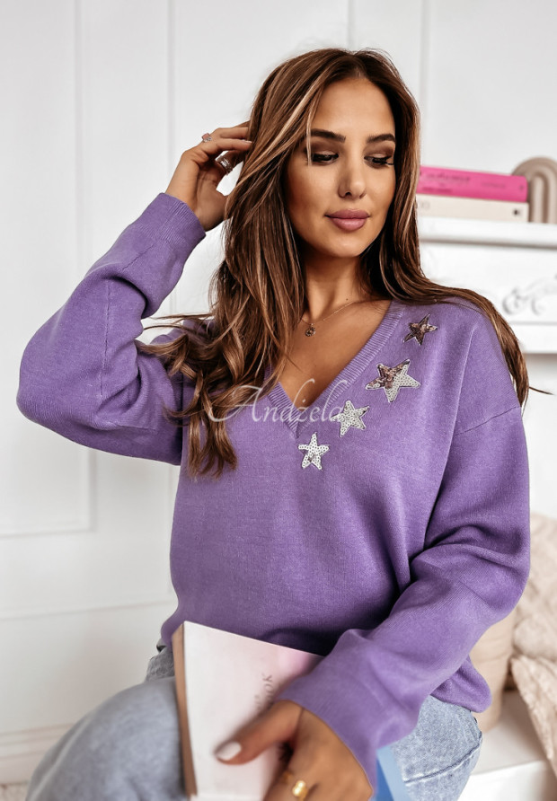 Sweter oversize z cekinowym zdobieniem Starlight fioletowy