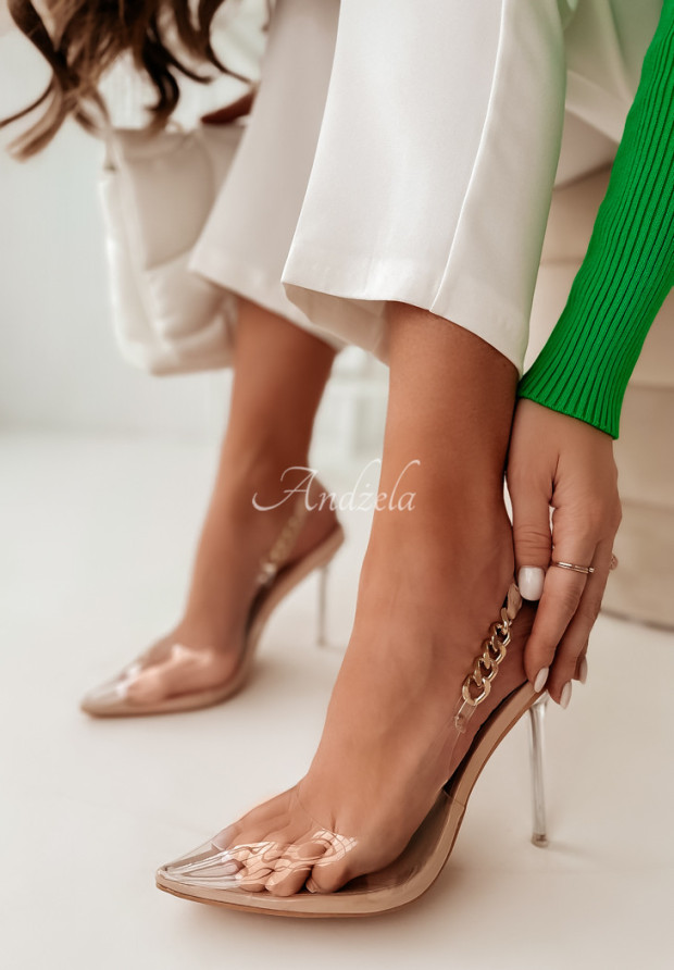 Transparentne sandałki w szpic z łańcuszkami Cinderella beżowe