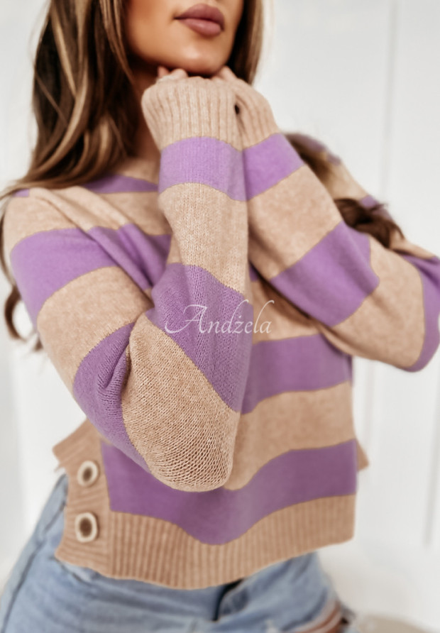 Sweter w paski z guzikami Leocadio beżowo-fioletowy