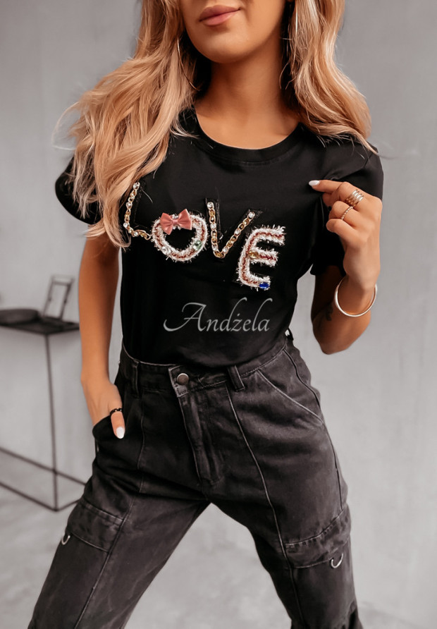 T-shirt z ozdobną aplikacją Full Of Love czarny